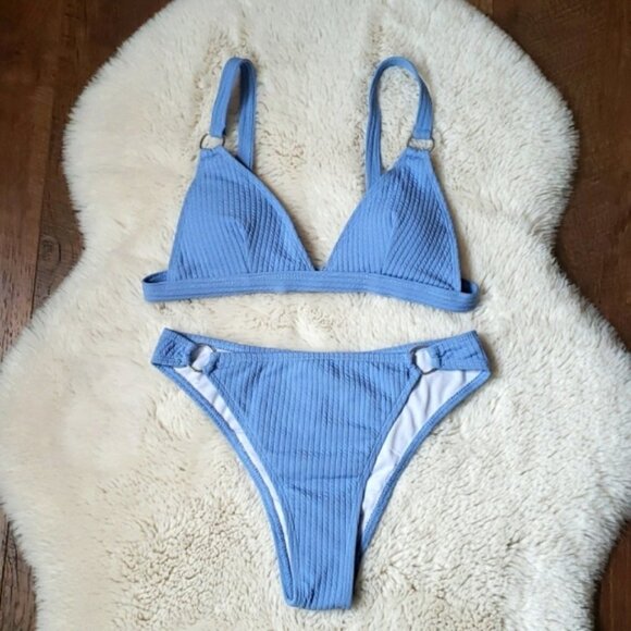 New Ribbed Triangle Bralette High Waist Bikini Set - Picture 7 of 7